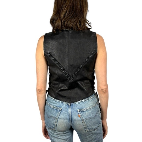 VINTAGE BLACK LEATHER VINTAGE CONCHO LACE UP SIDE BRAID WESTERN SNAP VEST HUDSON - Picture 4 of 14